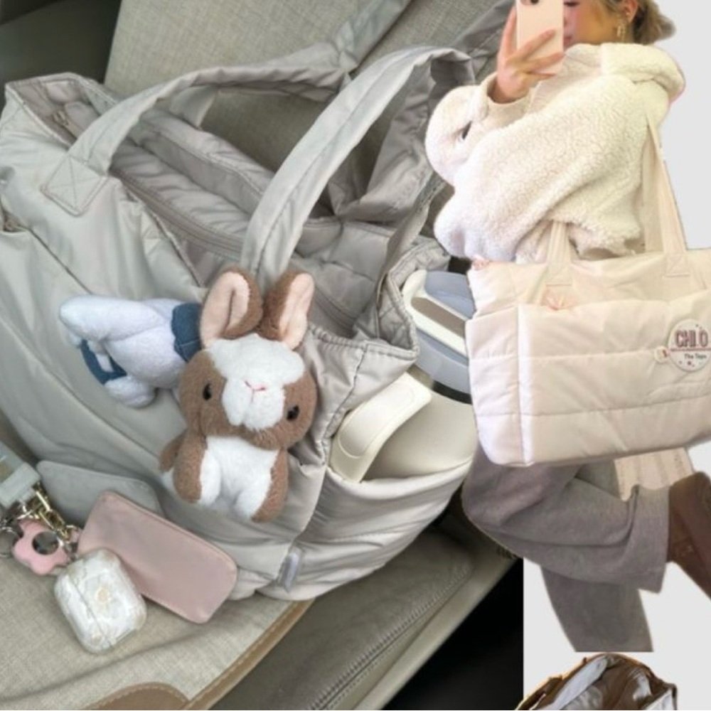 Quilted Puffer Tote Bag in Light Beige